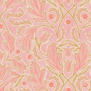(M) Baroque Damask Leaves in shades of light and bright pink, goldenrod yellow and off white