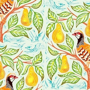 Linocut Partridge in a Pear Tree - orange