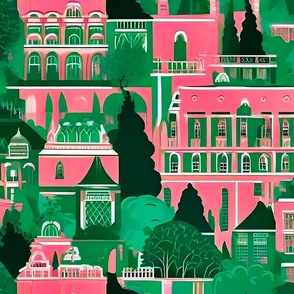 European buildings pink and green