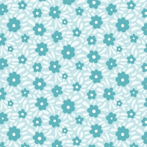 Small Half-Drop Simple Tropical Floral - Teal on Light Teal - 6.67" x 6.67"