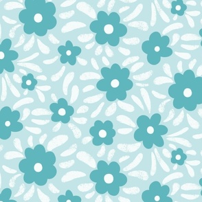 Half-Drop Simple Tropical Floral - Teal on Light Teal  - 13.33" x 13.33"