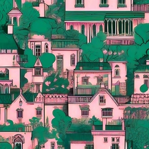 Pink and green european buildings