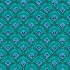 Teal Scallop, 4in, Art Deco Wallpaper, Teal Fabric, Turquoise Scallop, Bluegreen Scale, Seashell, deep aqua, Blue Green Elegance, teal scales, Glamour Home, Luxury Fabric, Pantone Ultra-Steady, dotsandglory