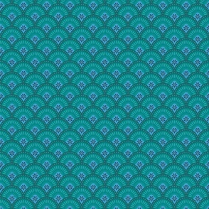 Teal Scallop, 2in, Art Deco Wallpaper, Teal Fabric, Turquoise Scallop, Bluegreen Scale, Seashell, deep aqua, Blue Green Elegance, teal scales, Glamour Home, Luxury Fabric, Pantone Ultra-Steady, dotsandglory