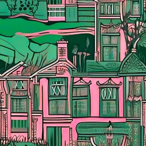european pink and green houses