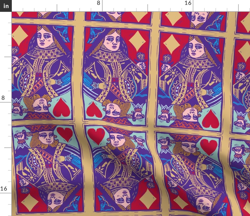 Queen King Card Block Print in Jewel Tones - red purple gold mint - xlg