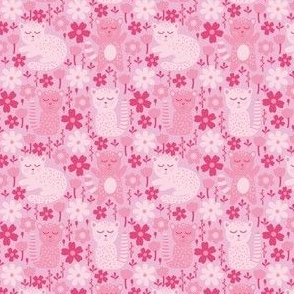 Cute cats and flowers in pink monochromatic pink