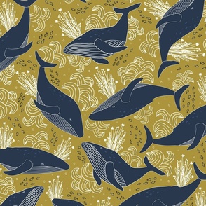 Blockprint Whale Swim_ Golden