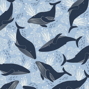 Blockprint Whale Swim_ Sky Blue