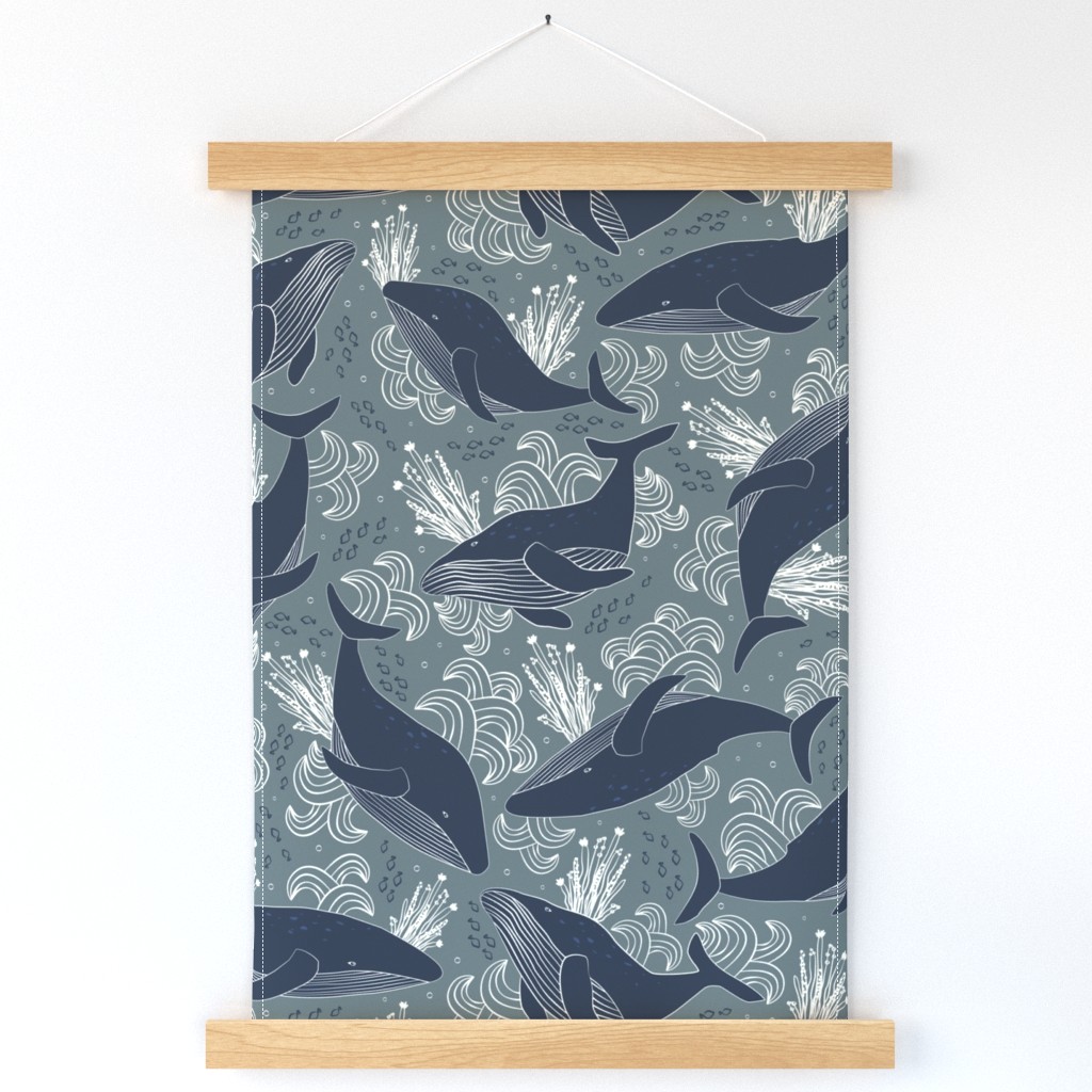 Blockprint Whale Swim_ Slate