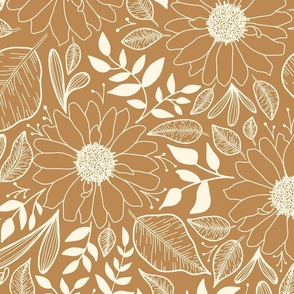 Boho botanical nondirectional floral line art | Large Scale | Golden Orange, Warm Cream White