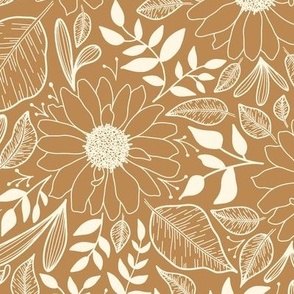 Boho botanical nondirectional floral line art | Medium Scale | Golden Orange, Warm Cream White