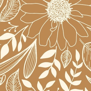 Boho botanical nondirectional floral line art | Jumbo Scale | Golden Orange, Warm Cream White