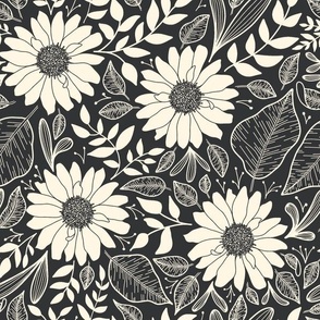 Boho botanical nondirectional floral line art | Medium Scale | Cracked Pepper Charcoal, Warm Cream White