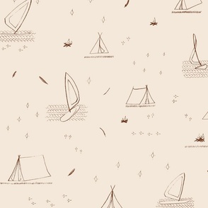 LARGE - Minimalist Lake Life Scene - windsurfers, waves, tents, campfires, feathers, stars - beige