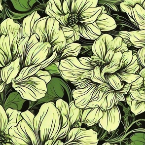 Large scale green and beige flowers