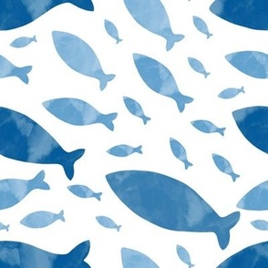 Watercolor blue fish silhouettes / White background 