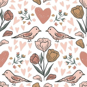  Spring Flowers and Birds in Gold and Pink, Whimsical, Florals, LARGE
