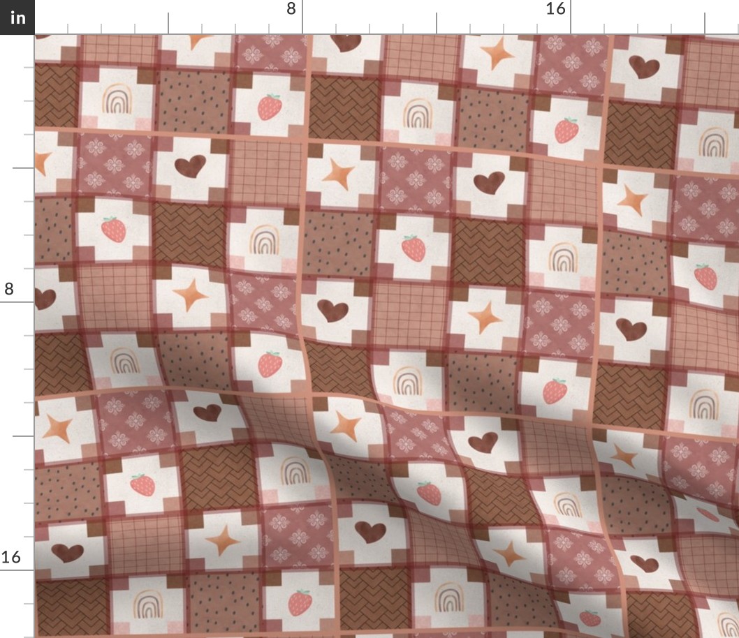 Strawberry patchwork with stitches on a textured plaster background in cream and earth tones.