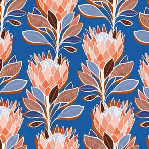 MEDIUM • Retro Bold King Protea floral Pattern - Floriography 1. Cobalt Blue, peach fuzz, brow