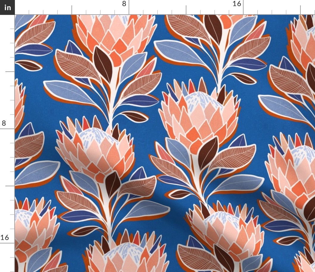 MEDIUM • Retro Bold King Protea floral Pattern - Floriography 1. Cobalt Blue, peach fuzz, brow