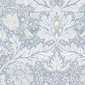 William Morris Style Botanical floral Wallpaper - White Blue Flower