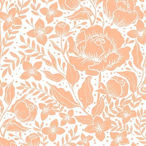 Peonies -neutral botanical Art Nouveau large scale Victorian wallpaper peach fuzz on white