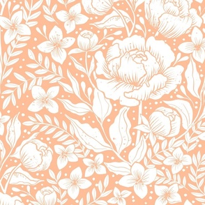 Peonies -neutral botanical Art Nouveau large scale Victorian wallpaperwhite on peach fuzz