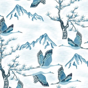 Serene Mountains- Greater Sandhill Cranes Flying over the scenic Rockies and Limber Pines- Watercolor- Blue- Regular Scale