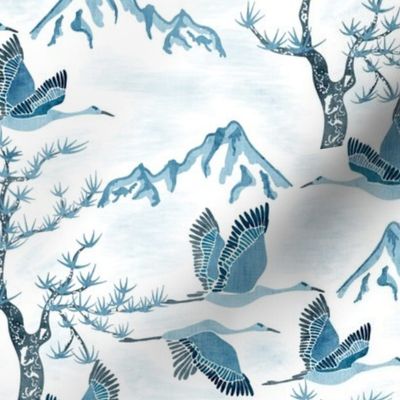 Serene Mountains- Greater Sandhill Cranes Flying over the scenic Rockies and Limber Pines- Watercolor- Blue- Small Scale
