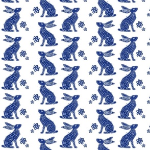 Block print inspired blue hare pattern