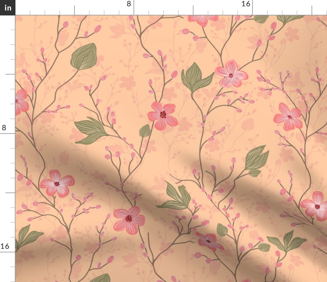 delicate flowers in shades of light pink / coral on a peach / peach fuzz background  - medium scale