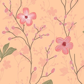 delicate flowers in shades of light pink / coral on a peach / peach fuzz background  - large scale