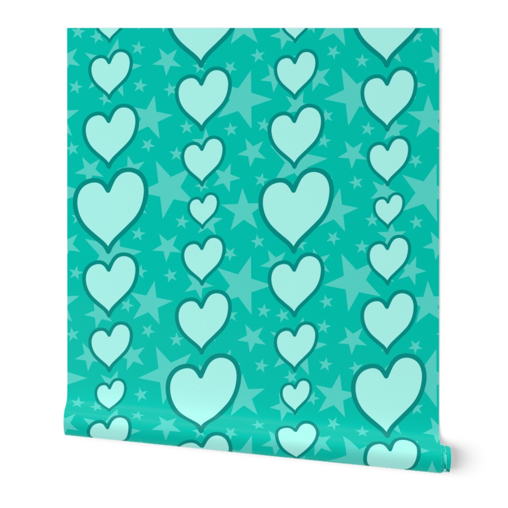 L - Aqua Hearts & Stars – Bright Aquamarine Teal Green Valentines Love Heart Stripe