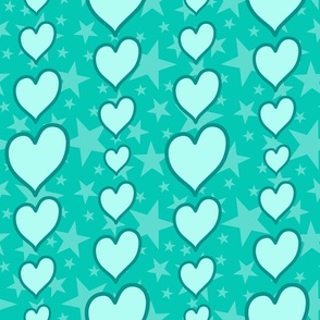 L - Aqua Hearts & Stars – Bright Aquamarine Teal Green Valentines Love Heart Stripe