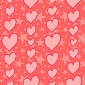 L - Peach Hearts & Stars – Bright Coral Valentines Love Heart Stripe