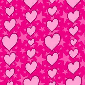 L - Pink Hearts & Stars – Bright Fuchsia Magenta Valentines Love Heart Stripe
