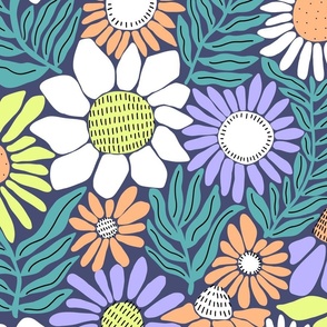 Large  - All The Flowers - Modern Florals in  Lime yellow, Lilac, Peach fuzz, Teal, White