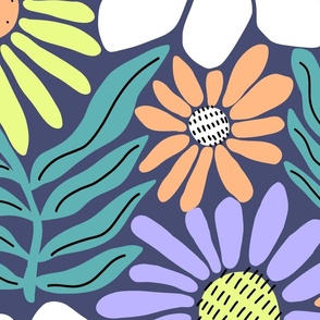 Jumbo _ All The Flowers - Modern Florals in  Lime yellow, Lilac, Peach fuzz, Teal, White
