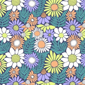 Medium _ All The Flowers - Modern Florals in  Lime yellow, Lilac, Peach fuzz, Teal, White