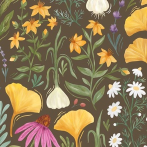 Medicinal Botanical Plants and Herbs - painted multicoloured - brown - large