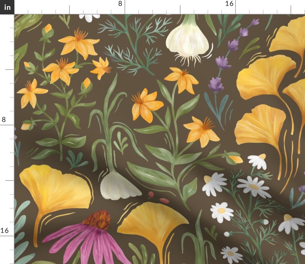 Medicinal Botanical Plants and Herbs - painted multicoloured - brown - large