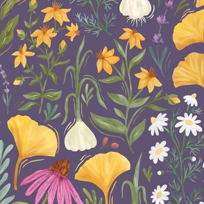 Medicinal Botanical Plants and Herbs - painted multicoloured - purple - large