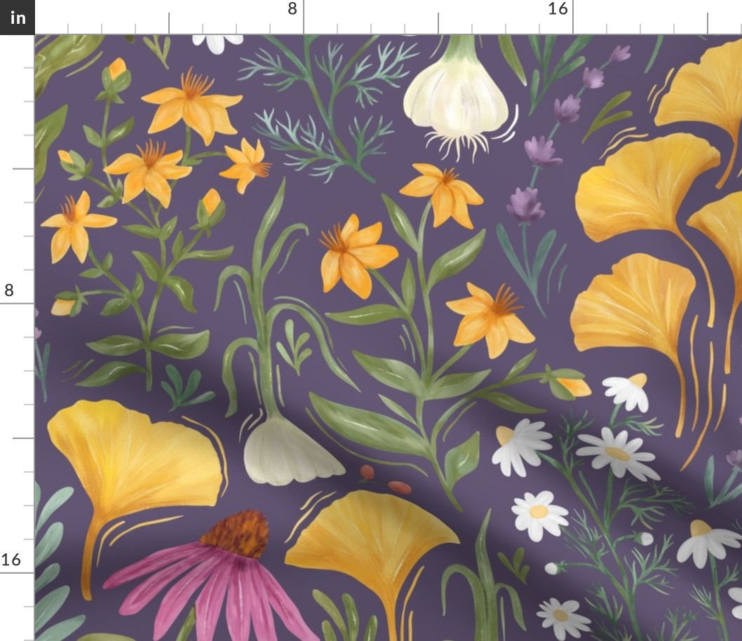 Medicinal Botanical Plants and Herbs - painted multicoloured - purple - large