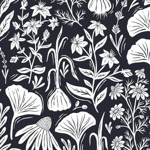 Medicinal Botanical Plants and Herbs - linocut block print - dark charcoal navy and white - large