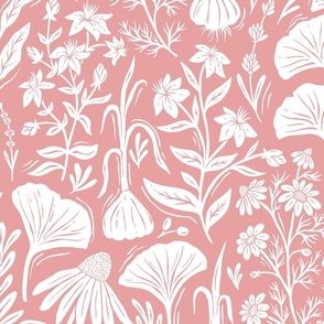 Medicinal Botanical Plants and Herbs - linocut block print - pink and white - large