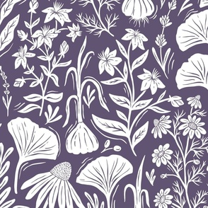 Medicinal Botanical Plants and Herbs - linocut block print - purple and white - large