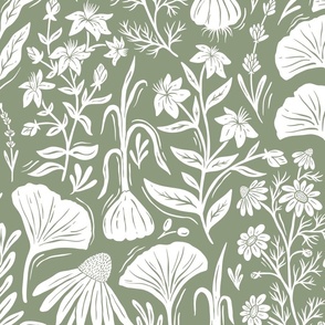 Medicinal Botanical Plants and Herbs - linocut block print - medium sage green and white - large