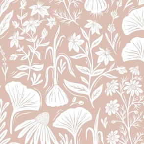 Medicinal Botanical Plants and Herbs - linocut block print - blush pink and white - large