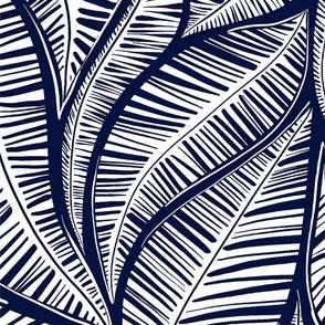 Serene Palm Leaves, Navy background white leaves large scale